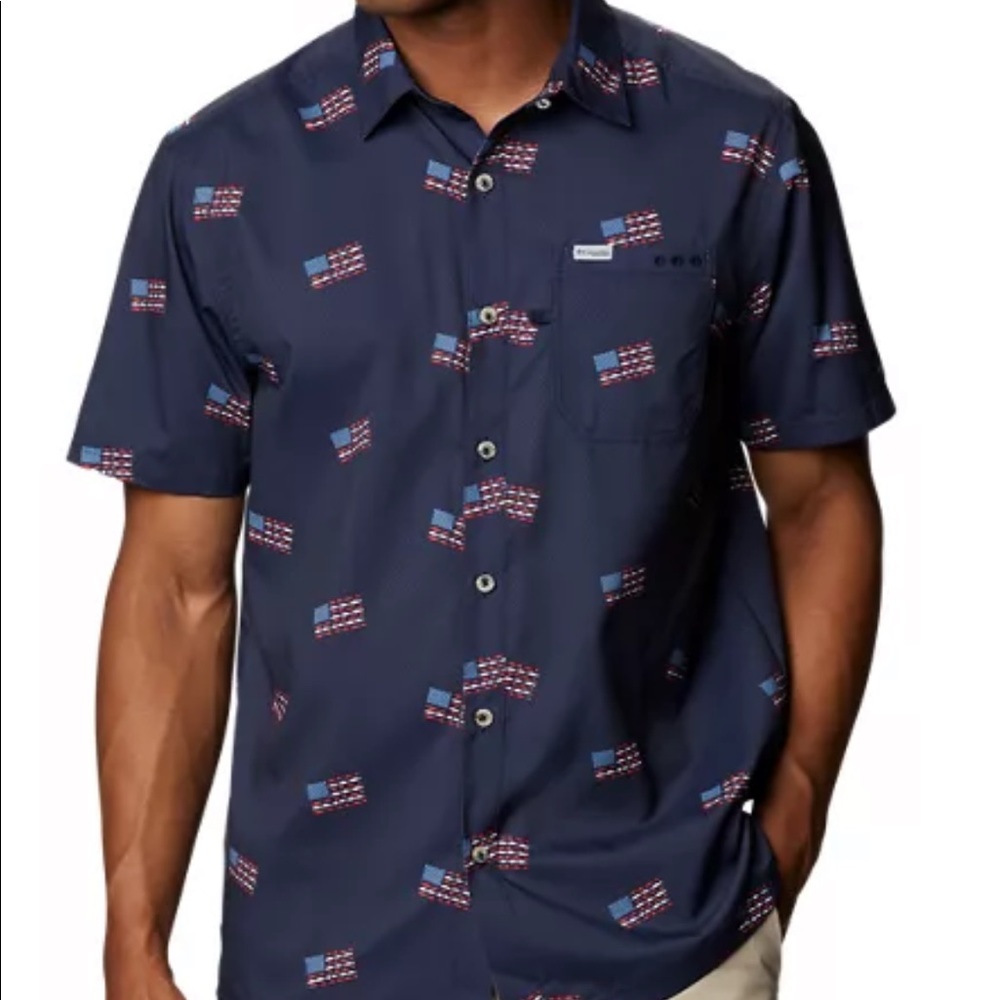 Men’s Columbia Super Slack navy flags fishing shirt
